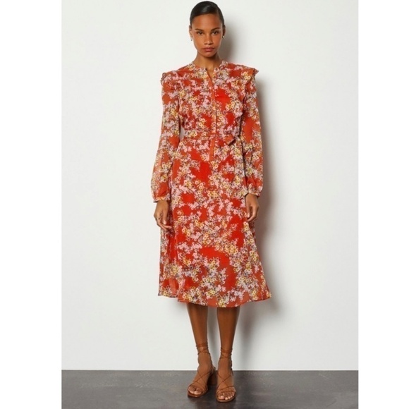 KAREN MILLEN Red Floral Ruffle Dress Size 6 - Picture 2 of 12